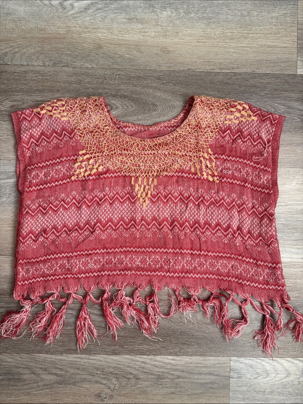 Red Crochet Fringe Poncho Top with Yellow Embroidery